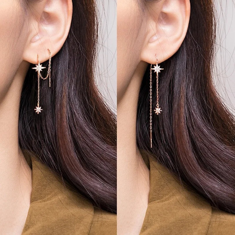 Silver Star Zircon Drop Earrings | Elegant Tassel Earrings for Women alternate view