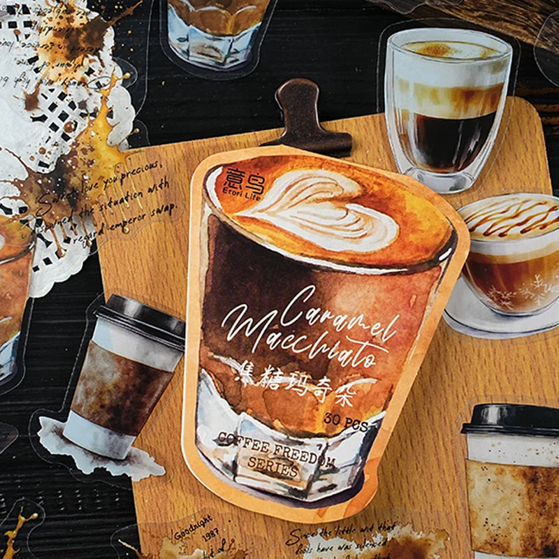 Mr Paper 90 Pieces Coffee Freedom Series PET Waterproof Sticker Pack | Creative Scrapb close-up view