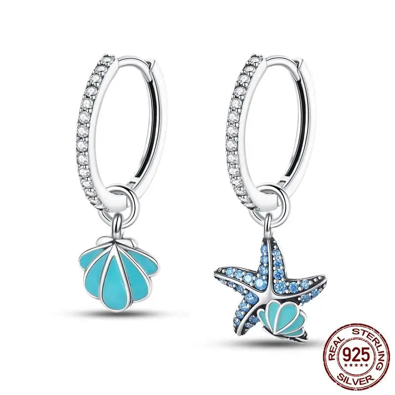 Luminous Shell Women Earrings Original 925 Sterling Silver Pave CZ Star Moon Hoop Earr close-up view