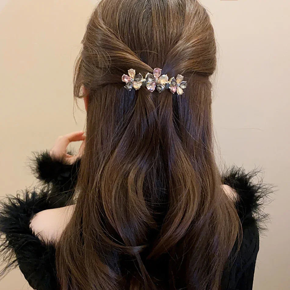 High-end Crystal Flower Hairpin Women's Back of Head Half-tied Spring Clip Hair Clip alternate view