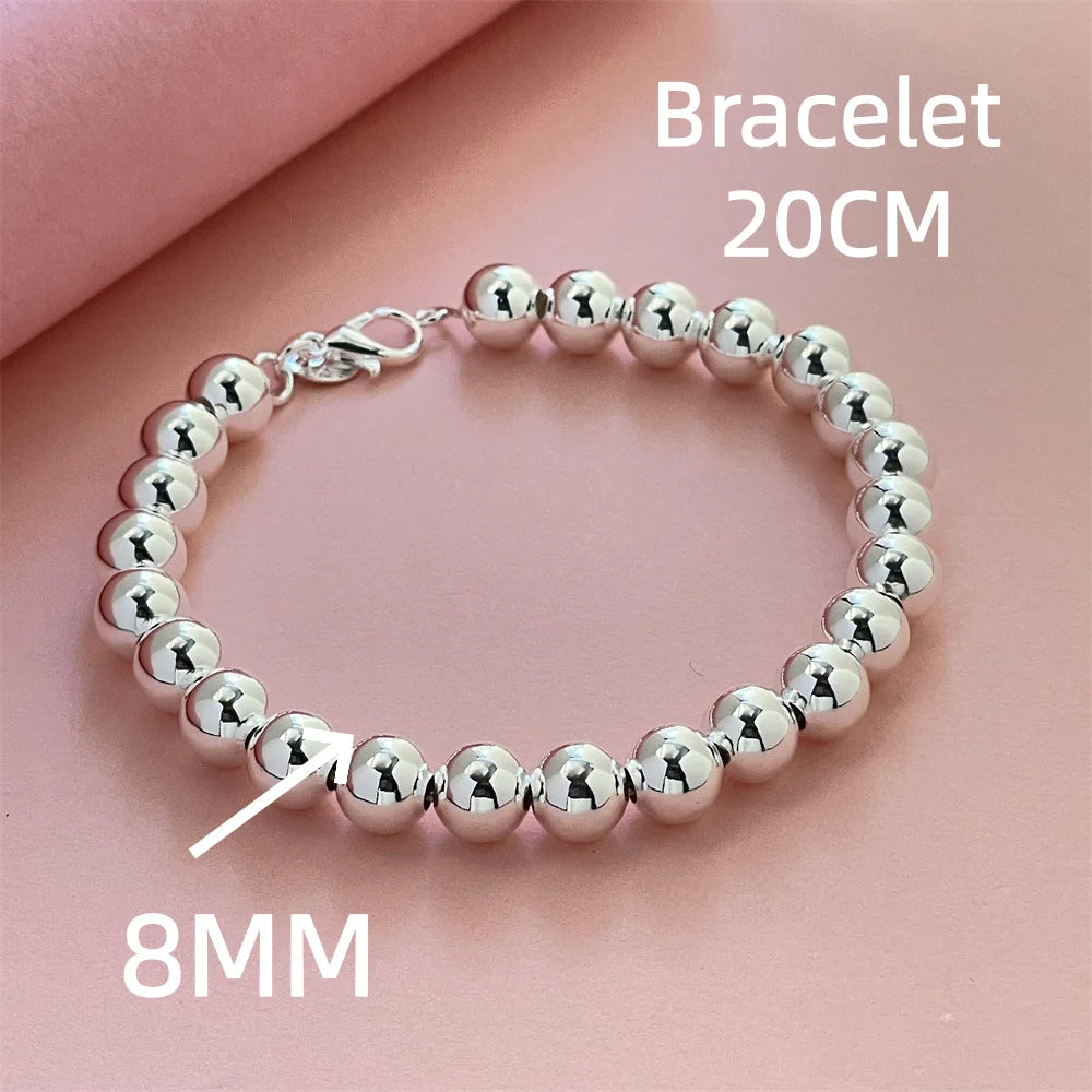 925 Sterling Silver Round Bead Chain Necklace 4/6/8mm Smooth Ball Beads 40-60CM Choker close-up view