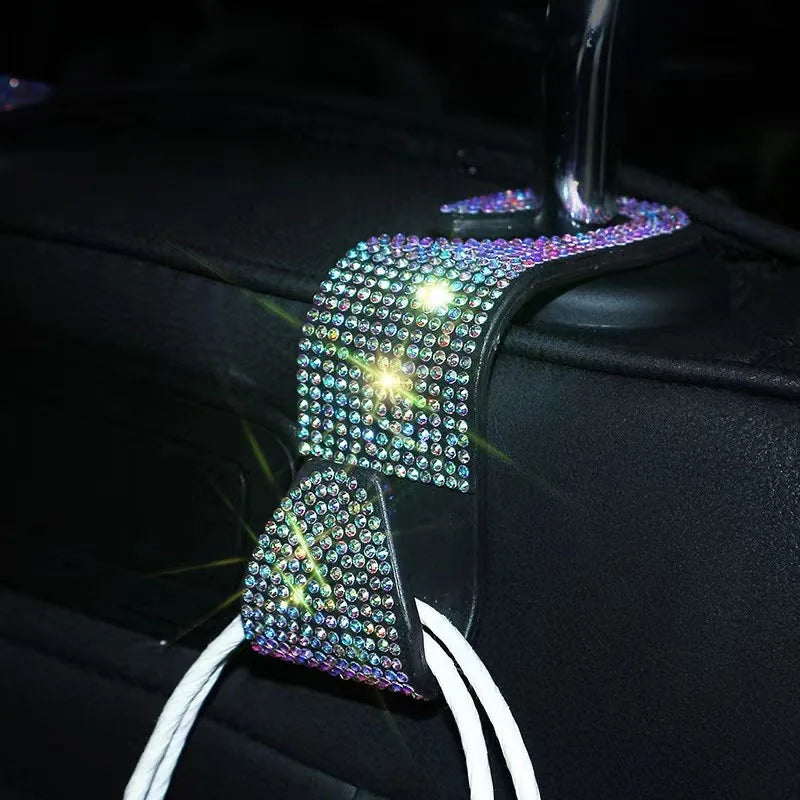 2Pcs Car Seat Back Hook Bling Diamond Hanger Backseat Auto Back Universal Headrest Sto close-up view