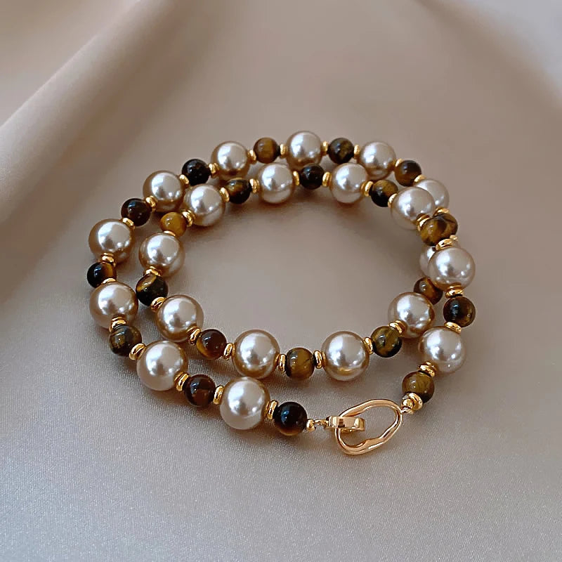 Warm Tiger's Eye Pearl Bead Necklace | Classic Sweater Chain Jewelry lifestyle view