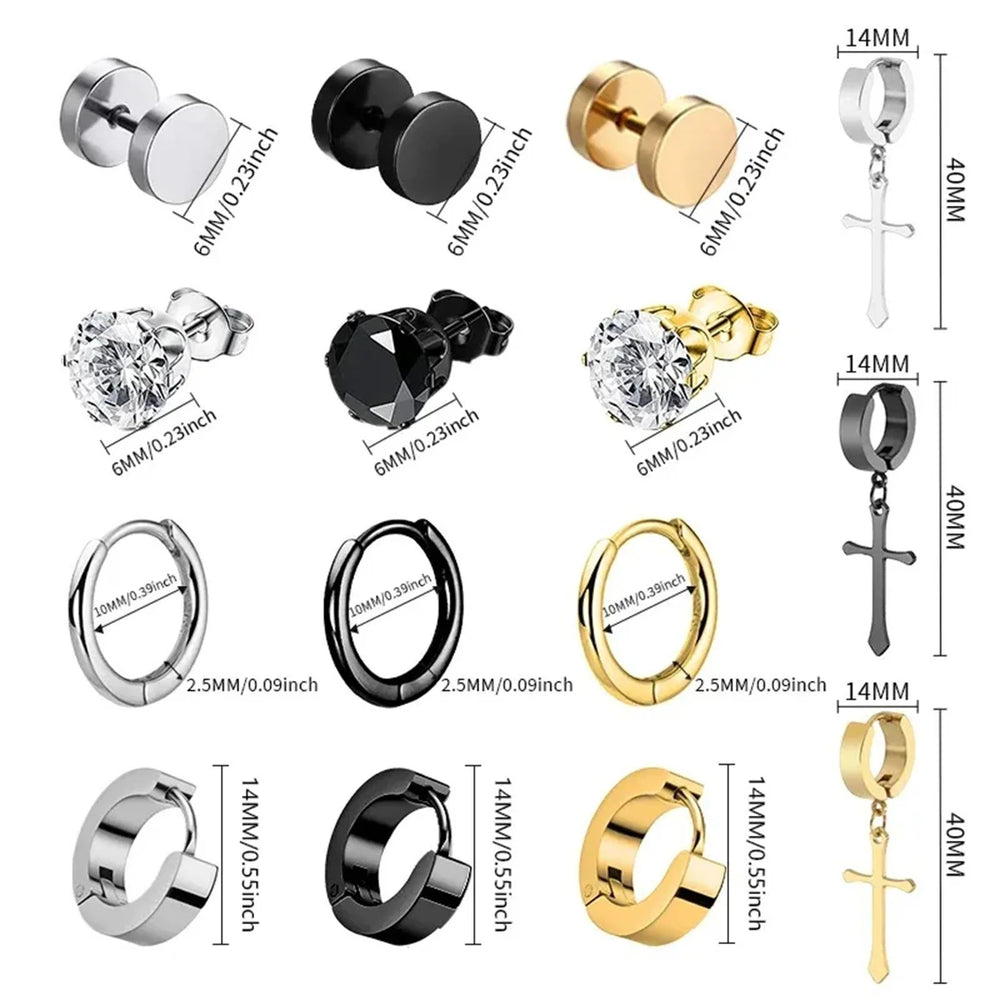 1/15Pairs Punk Cool Gothic Stainless Steel Stud Earrings Set for Men Women,Fashion Tra close-up view