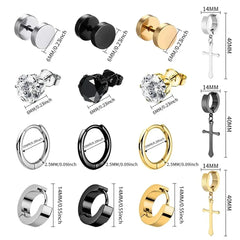 1/15Pairs Punk Cool Gothic Stainless Steel Stud Earrings Set for Men Women,Fashion Tra close-up view