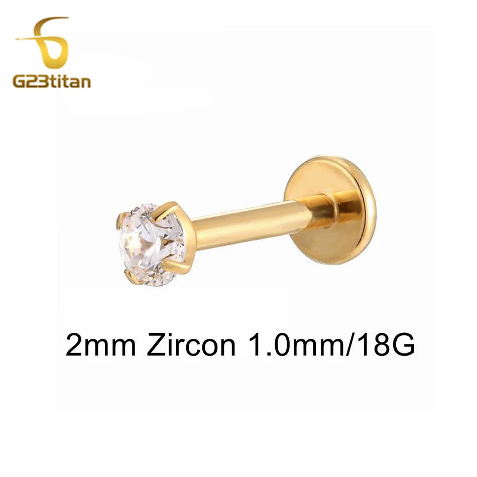16G 18G Titanium Labret Stud Nose Ring | Zircon Internally Threaded Body Jewelry for T close-up view