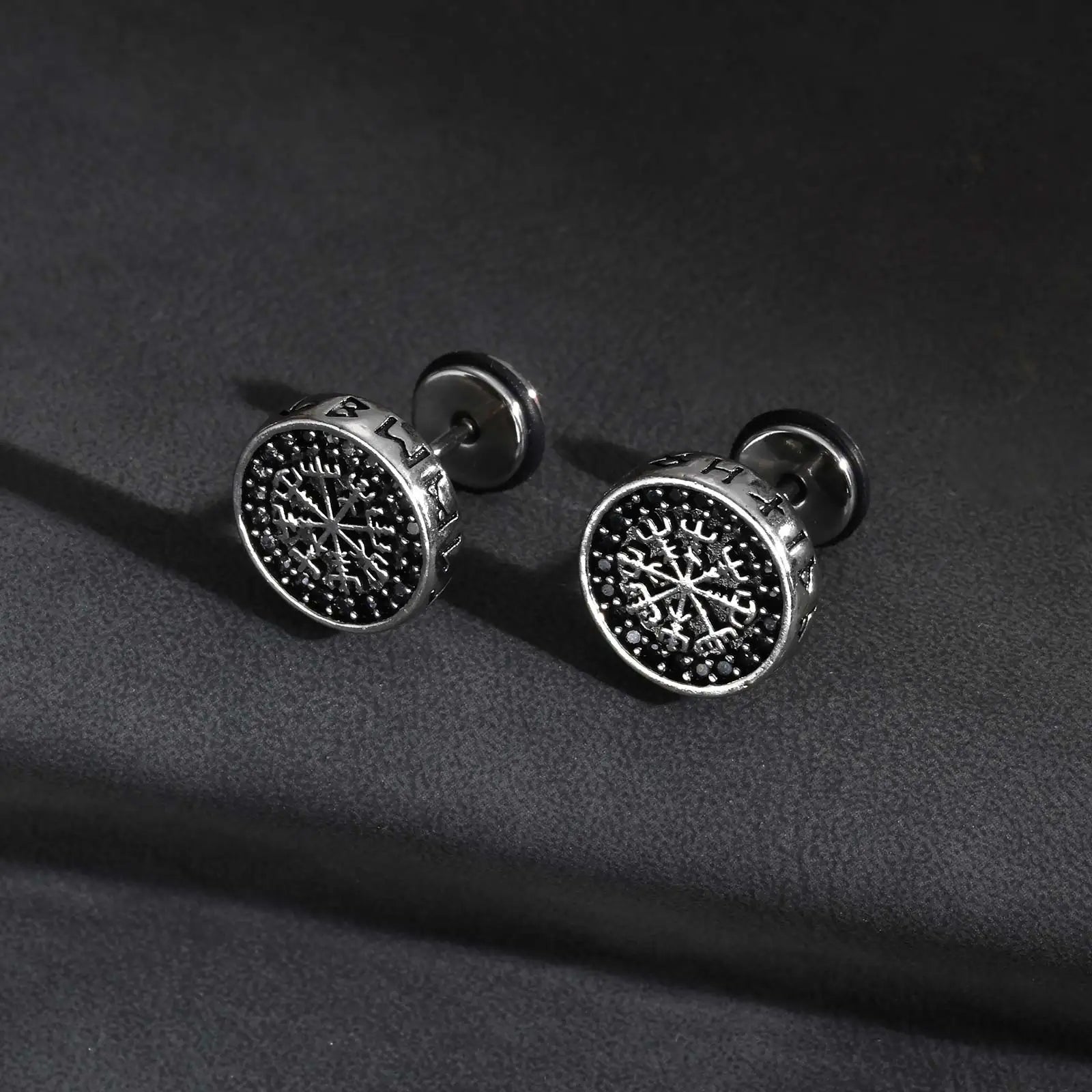 Vintage Gothic Norse Viking Stud Earrings for Men Boys, Rock Punk Runes Round Earrings, Fashion Pier