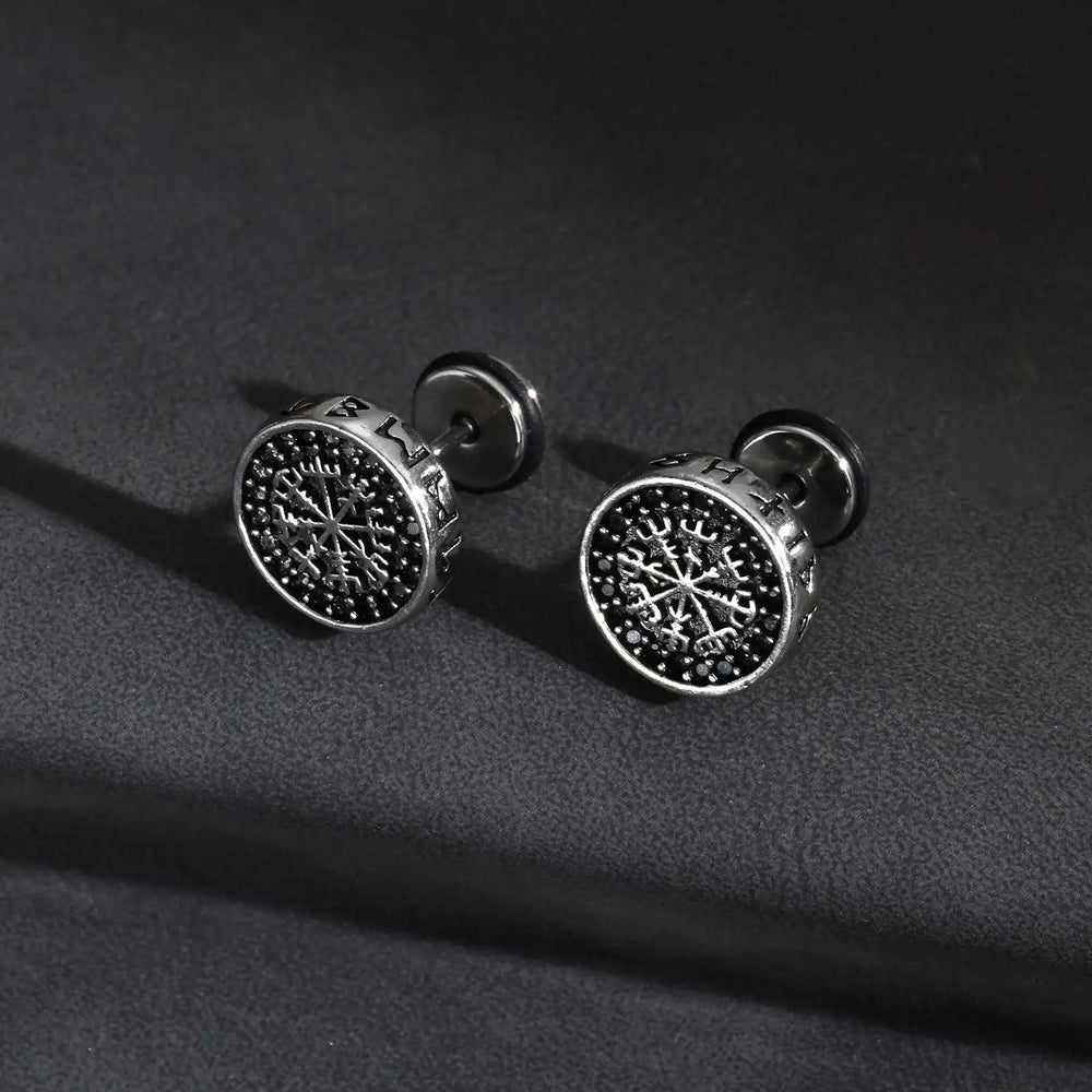 Vintage Gothic Norse Viking Stud Earrings for Men Boys, Rock Punk Runes Round Earrings, Fashion Pier