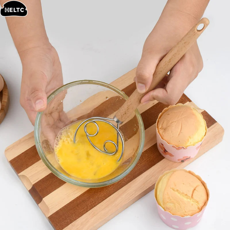 10 Inch Danish Dough Whisk | Stainless Steel Hand Blender with Wood Handle lifestyle view
