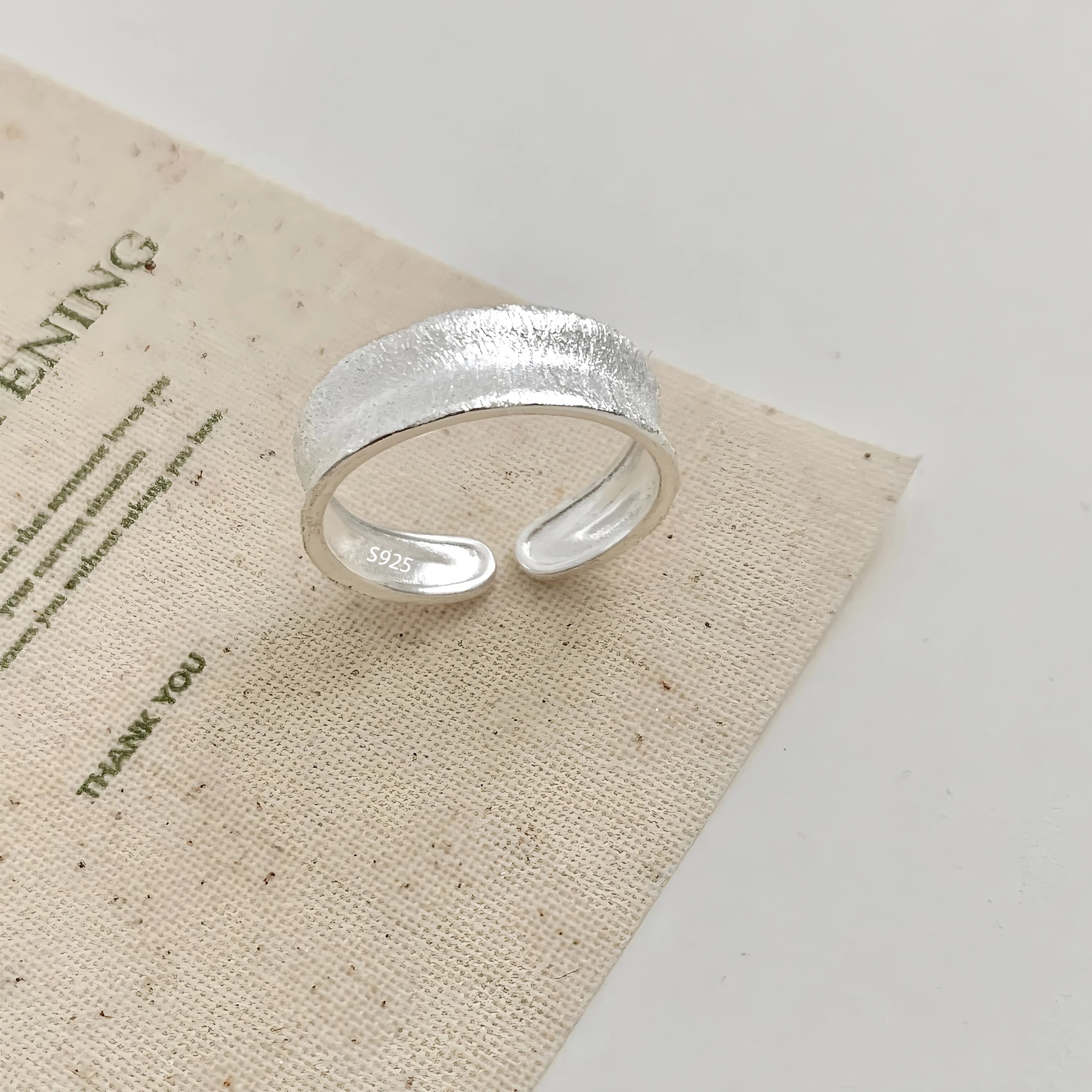 PANJBJ 925 Sterling Silver Frosting Geometry Ring for Women Wide Texture Versatile Ha lifestyle view