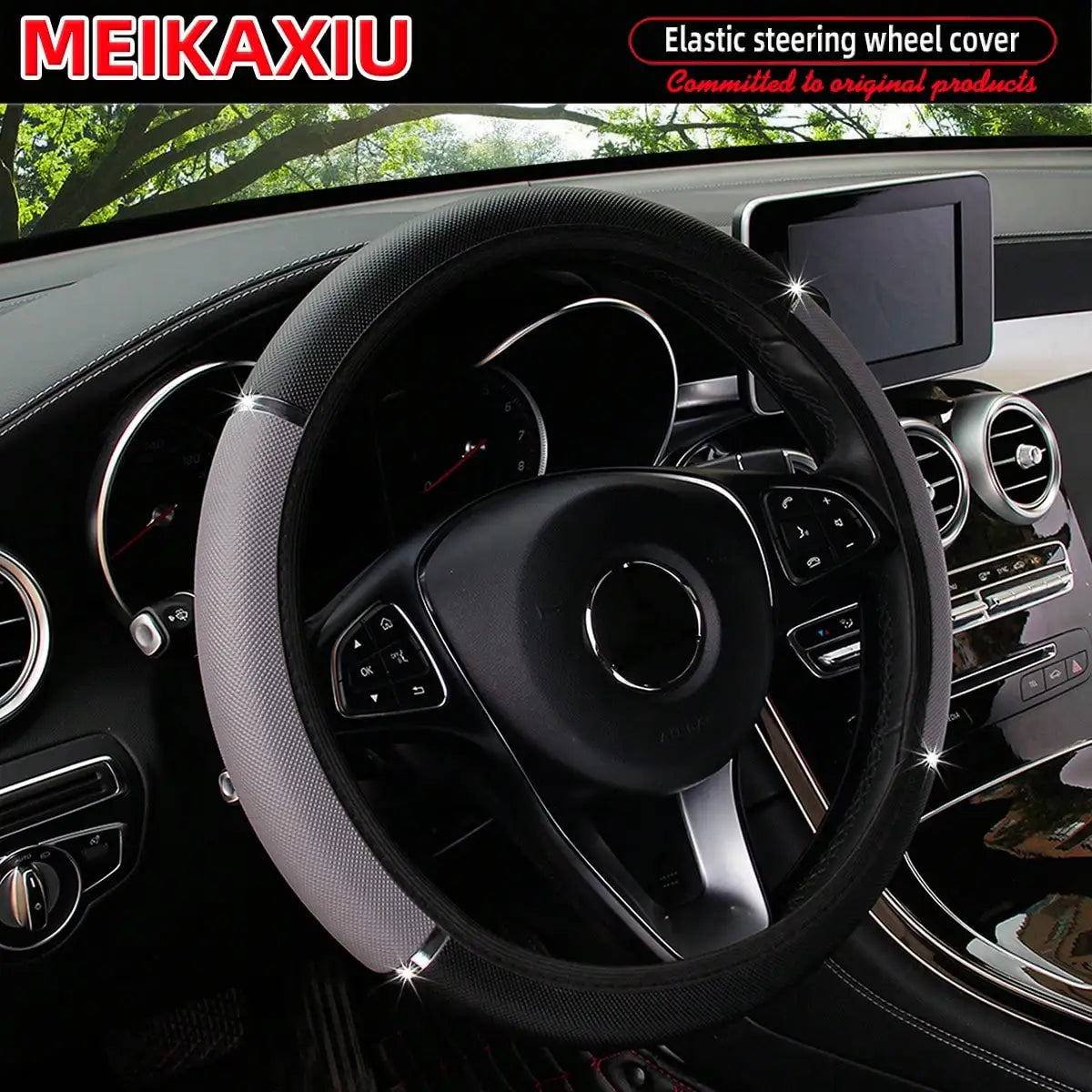 PU Leather Shiny Metal Stretchable Car Rimless Steering Wheel Cover Suitable for 14.5 close-up view