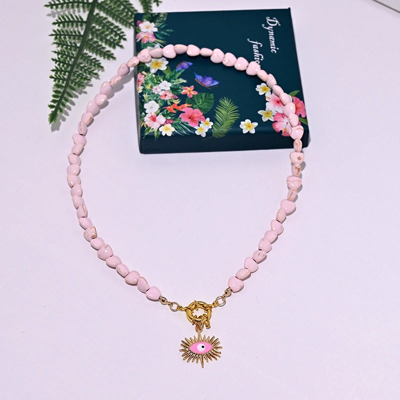 Heart Choker Necklace with Colorful Beads | Bohemian Eye Pendant Set for Women close-up view
