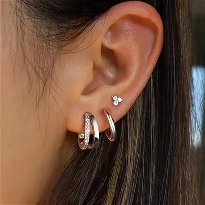 3Pcs Double Crystal Tragus Earring Floral Set Cartilage Helix Stud Earrings Bulk Lobe close-up view