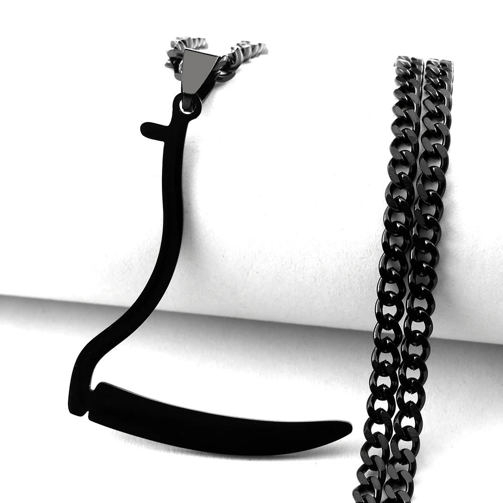 Silver Grim Reaper Sickle Pendant Necklace | Punk Stainless Steel Jewelry for Women detail view