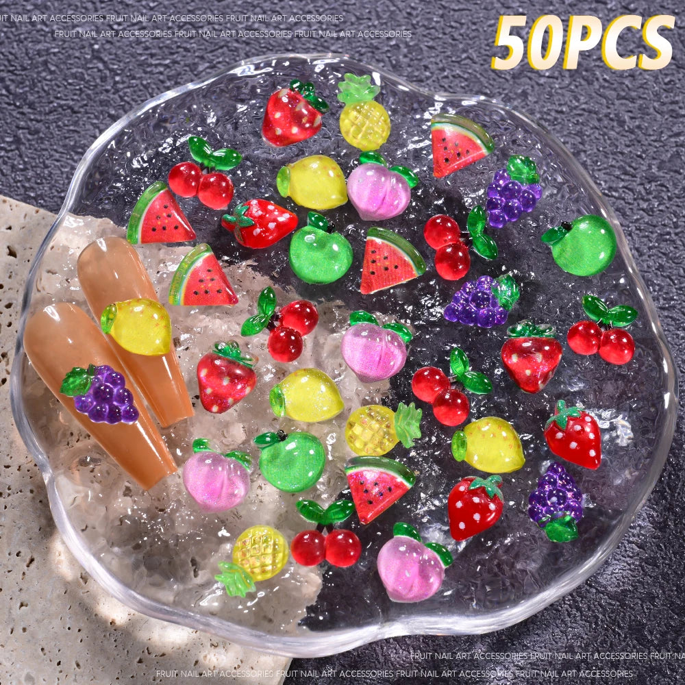 50Pcs 3D Summer Fruits Nail Charms Strawberry,Watermelo,Cherry,Peach,Lemon Flatback Nail detail view