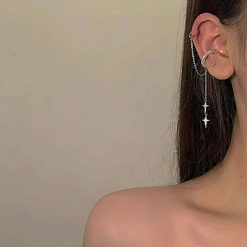 Shiny Silver Color Crystal Tassel Non-Piercing Cuff Ear Clip Earring For Women Rhinestone Star Fake
