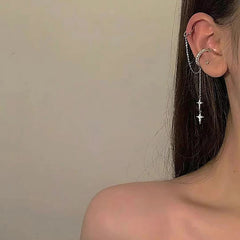 Shiny Silver Color Crystal Tassel Non-Piercing Cuff Ear Clip Earring For Women Rhinestone Star Fake