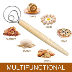Stainless Steel Danish Dough Whisk | Wooden Handle Bread Mixer for Baking detail view