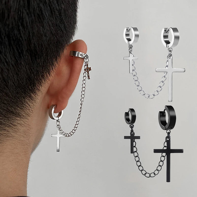 Punk Cross Tassel Earrings | Gothic Hip Hop Chain Stud Earrings alternate view