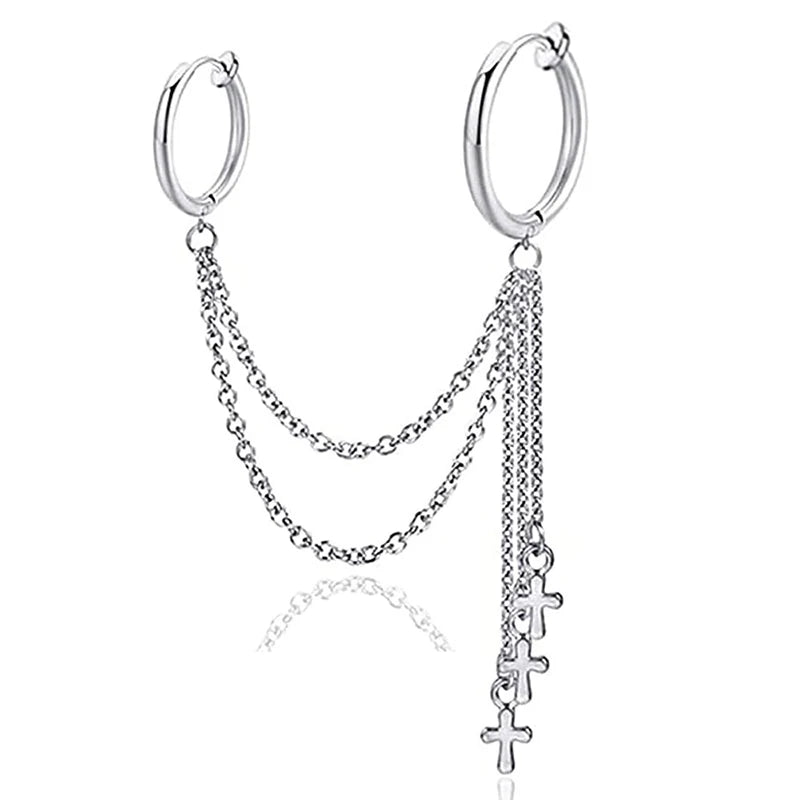 Punk Cross Tassel Earrings | Gothic Hip Hop Chain Stud Earrings close-up view