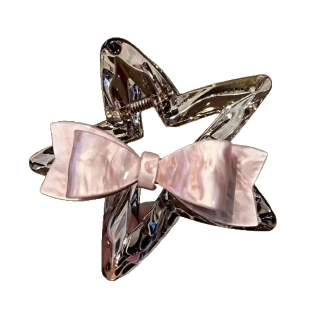 2026 New Pink Bow Tie Transparent Tea Star Hairpin Internet Celebrity Same Plate Hairpin Versatile Back Head Medium Grab Clip