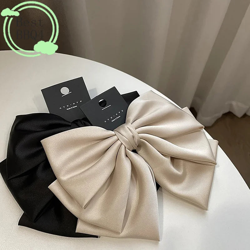 (BBQ4)Elegant Bow Ribbon Hair Clip Fashion Simple Solid Satin Spring Clip Hair Pin Retro Headband With Clip Girl Hair Accessory