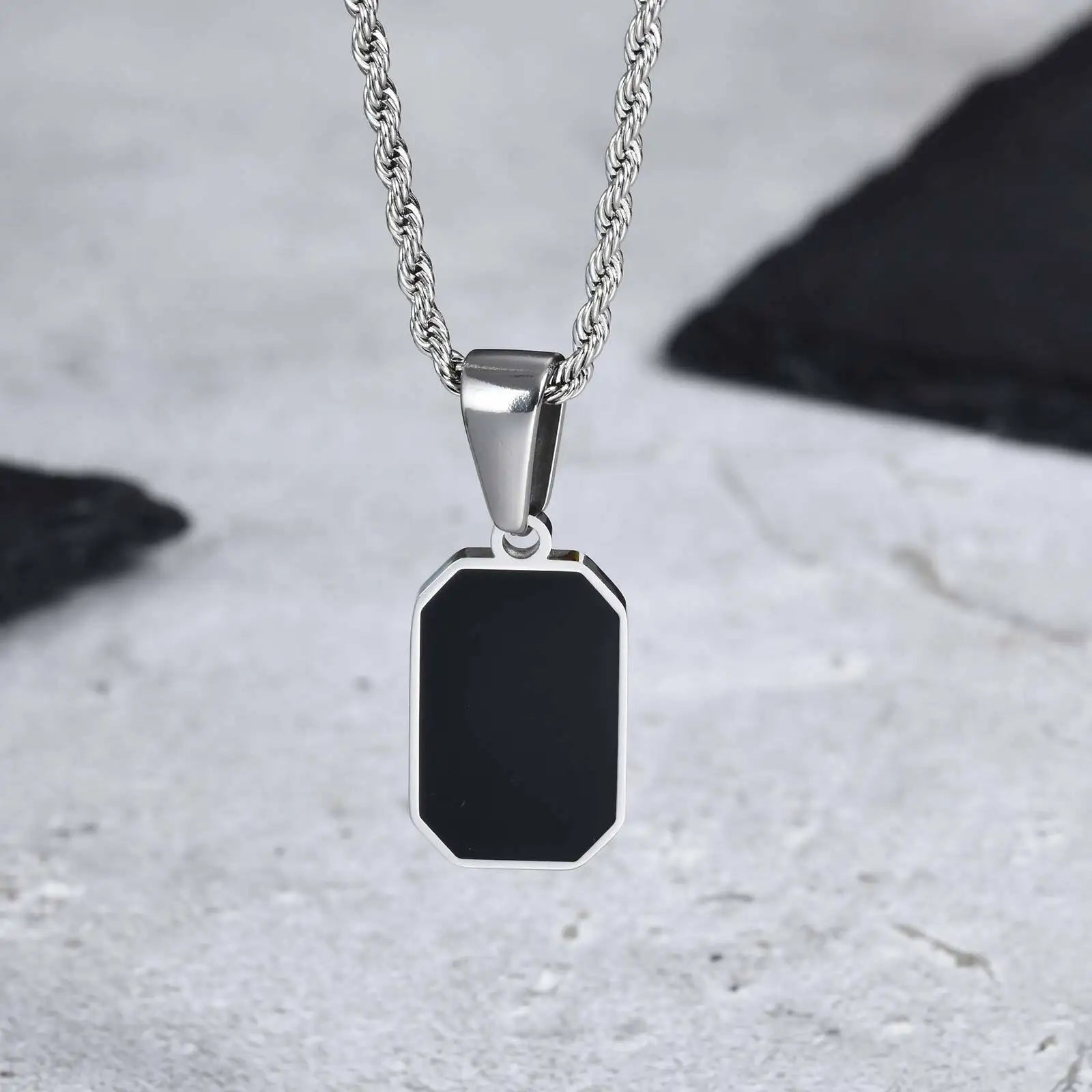 Men's Geometric Square Necklace | Black Enamel Rectangle Pendant with Rope Chain alternate view