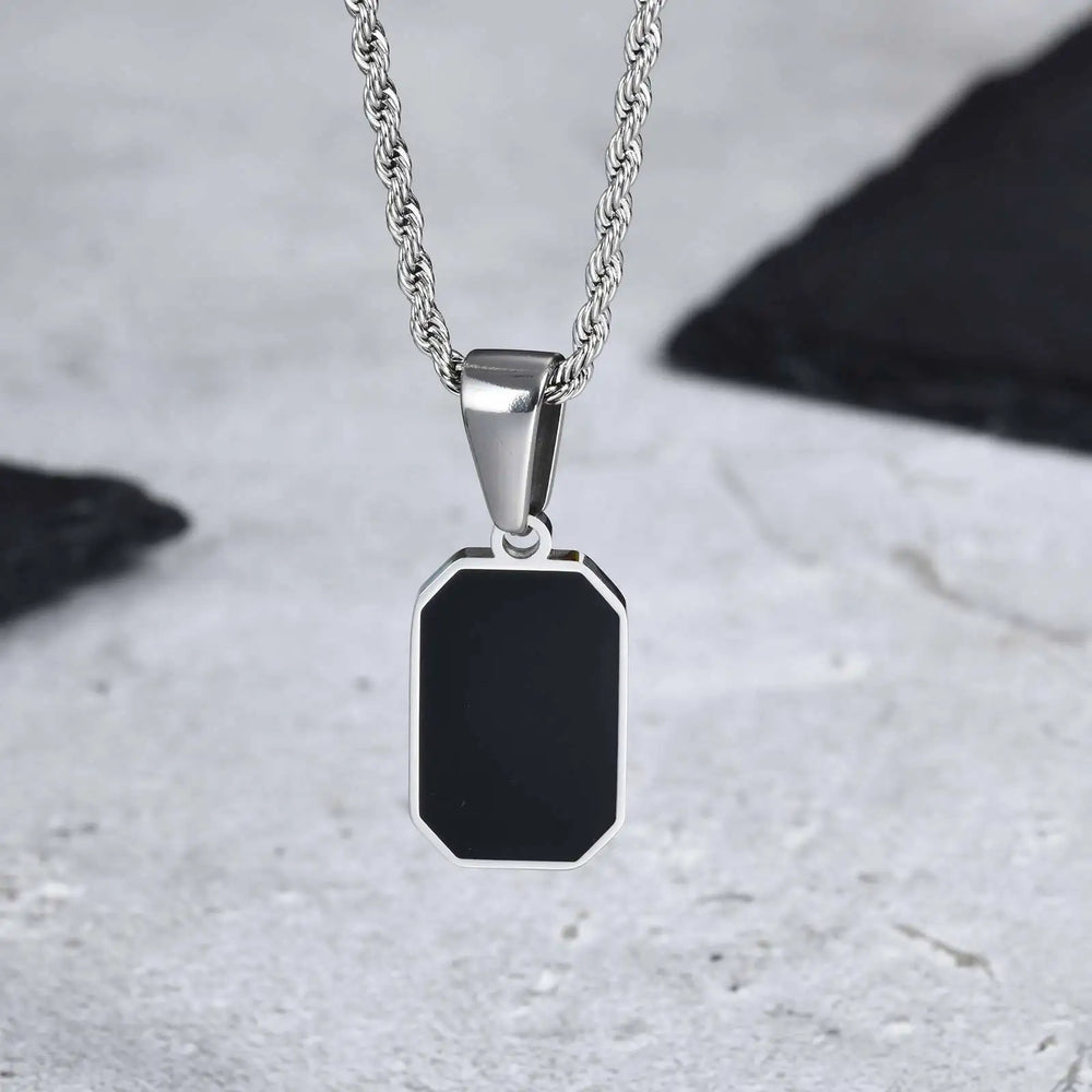 Men's Geometric Square Necklace | Black Enamel Rectangle Pendant with Rope Chain alternate view