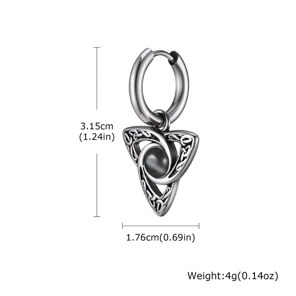 Geometric Triangle Earrings for Men Boys,Viking Natural Stone Inlaid Huggies Hoop Earr close-up view