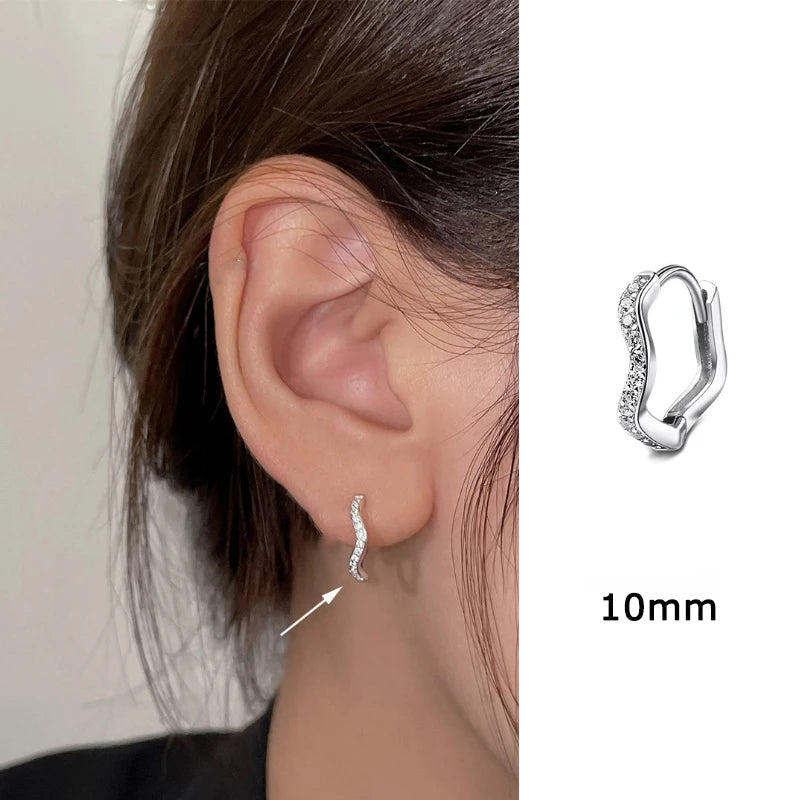 Stainless Steel Minimal Wave Hoop Earrings Crystal Zirconia Small Huggie Thin Cartila alternate view
