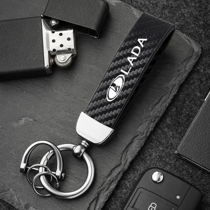 Car Carbon Fiber Style Keychain | Lada Accessory with Microfiber Leather detail view