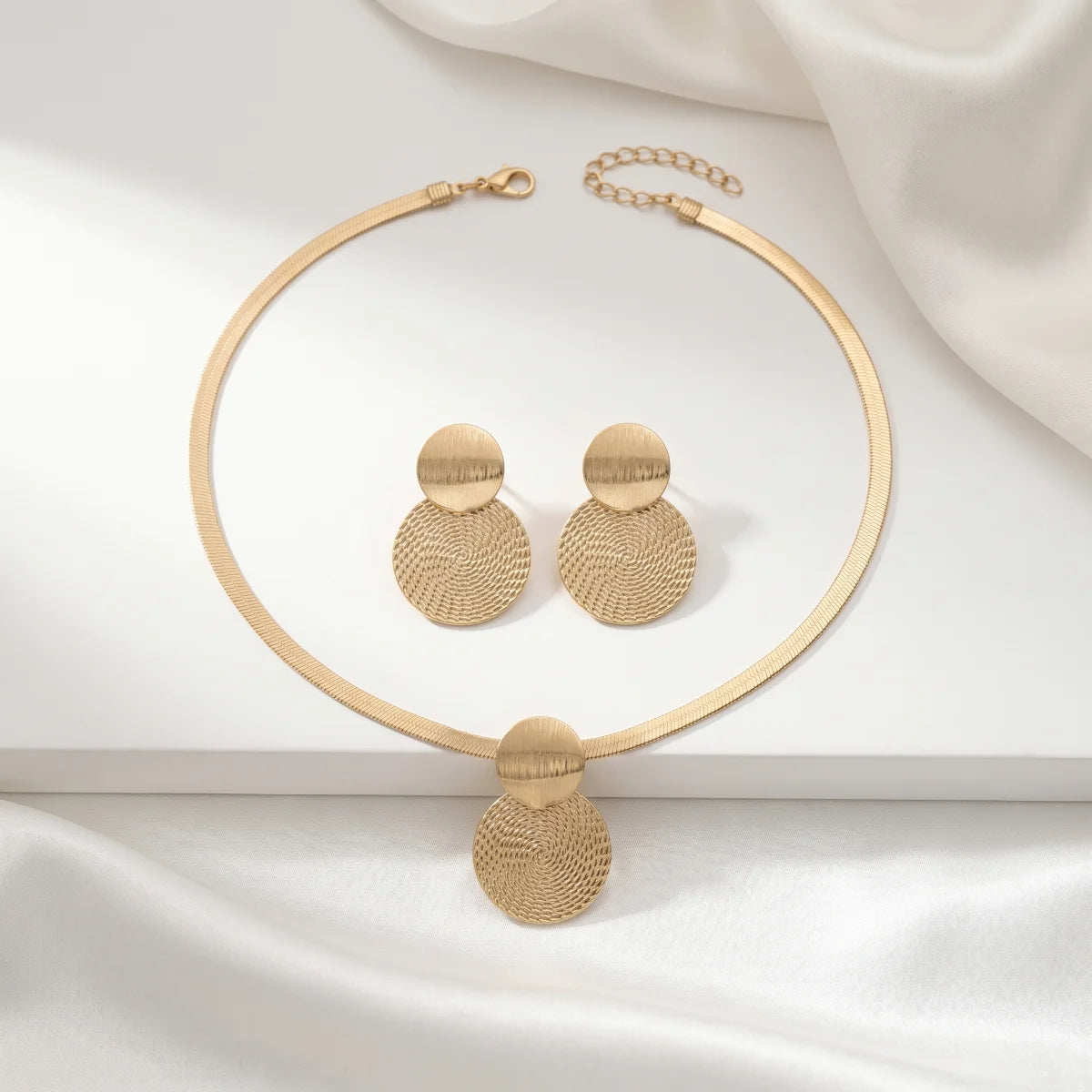 Minimalist Gold Color Herringbone Choker & Earring Set Brushed Textured Double Disc J alternate view