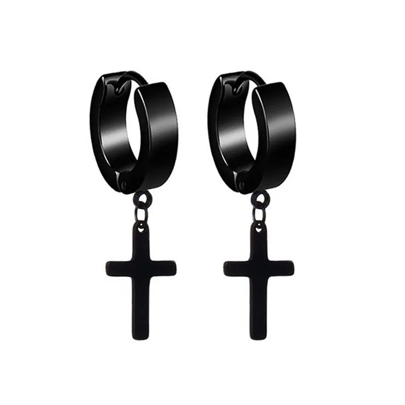 2Pcs Of Stainless Steel Cross Earrings Set, Men’s Women’s stud Earrings Small Huggie H close-up view
