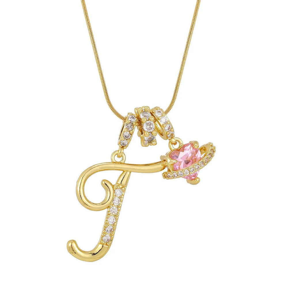 Fashion Letter Necklace for Women Pink Zircon Heart-shaped Pendant Suitable for Girls close-up view