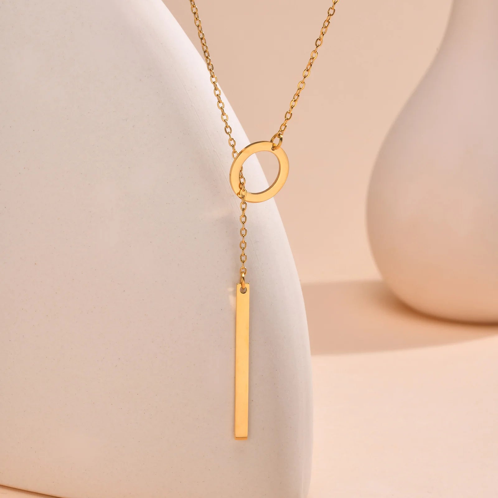 Drop Y Lariat Necklace with Bar Pendant, Stainless Steel Long Chain, Womens Necklaces close-up view