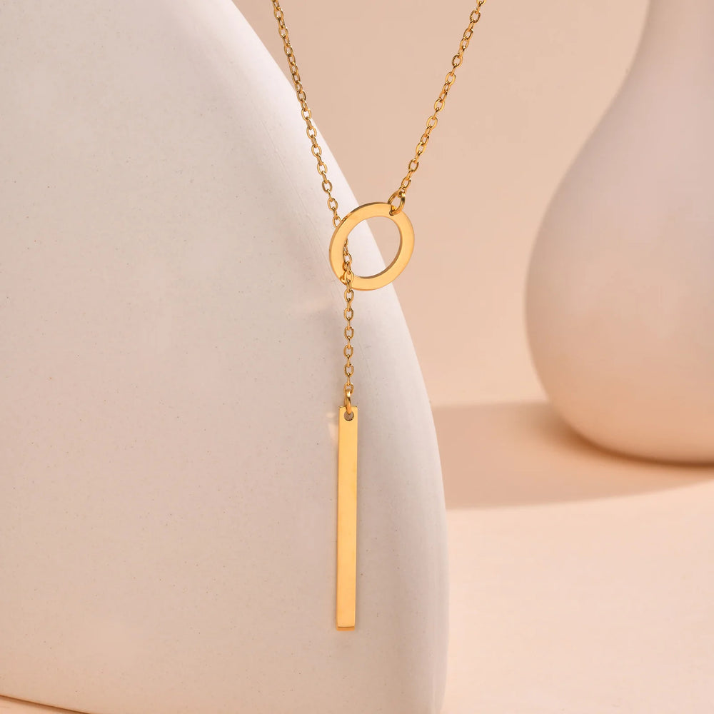 Drop Y Lariat Necklace with Bar Pendant, Stainless Steel Long Chain, Womens Necklaces close-up view