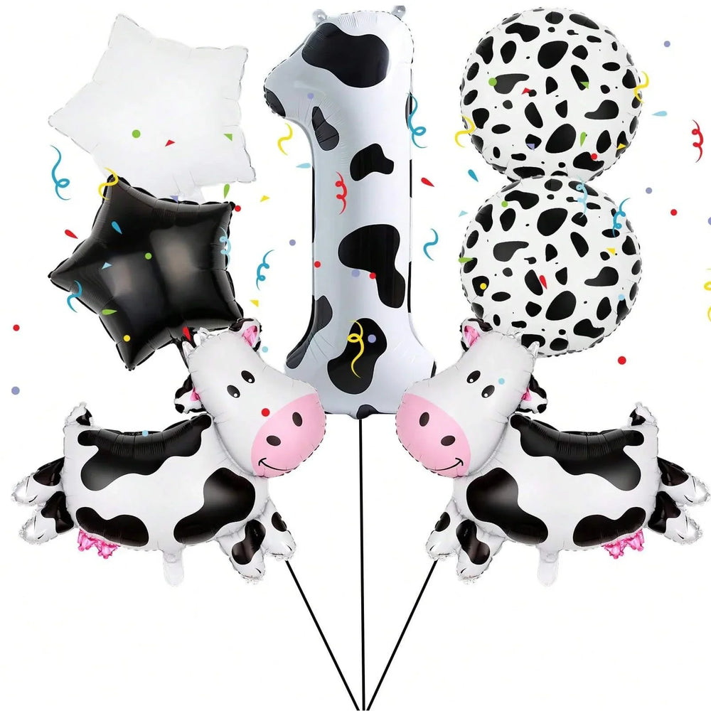 7pcs Cow Print Number Balloon Set | Farm Animal Birthday Party Decoration detail view