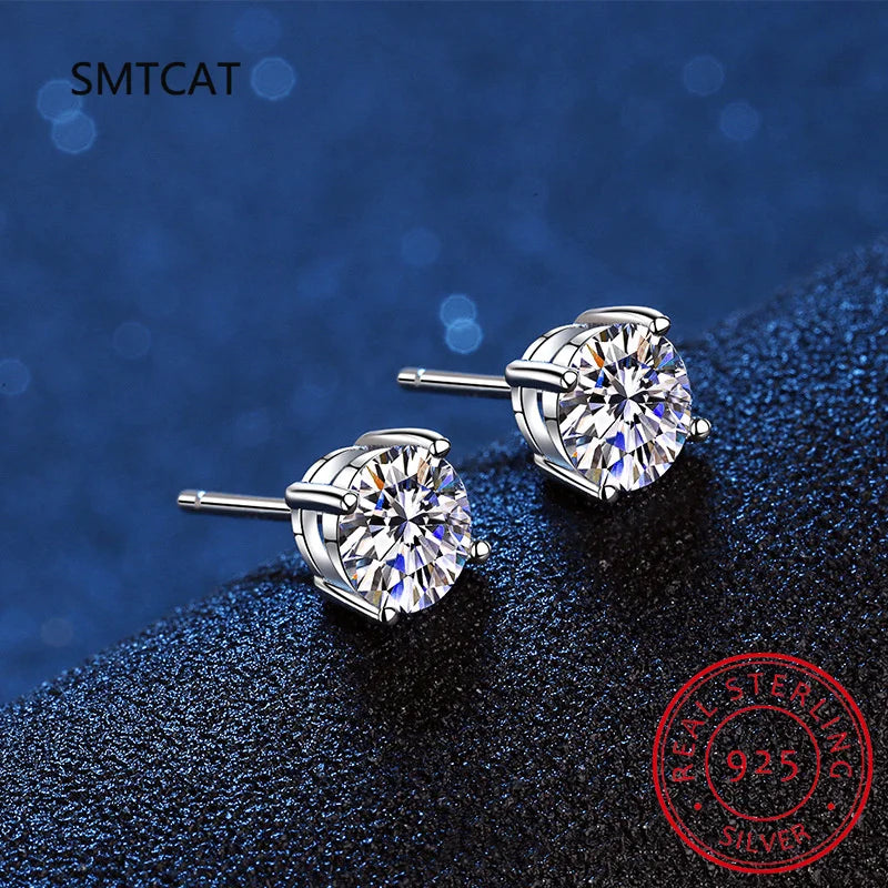 Real Moissanite Stud Earrings 14K White Gold Plated Sterling Silver 4 Prong Diamond Ea close-up view
