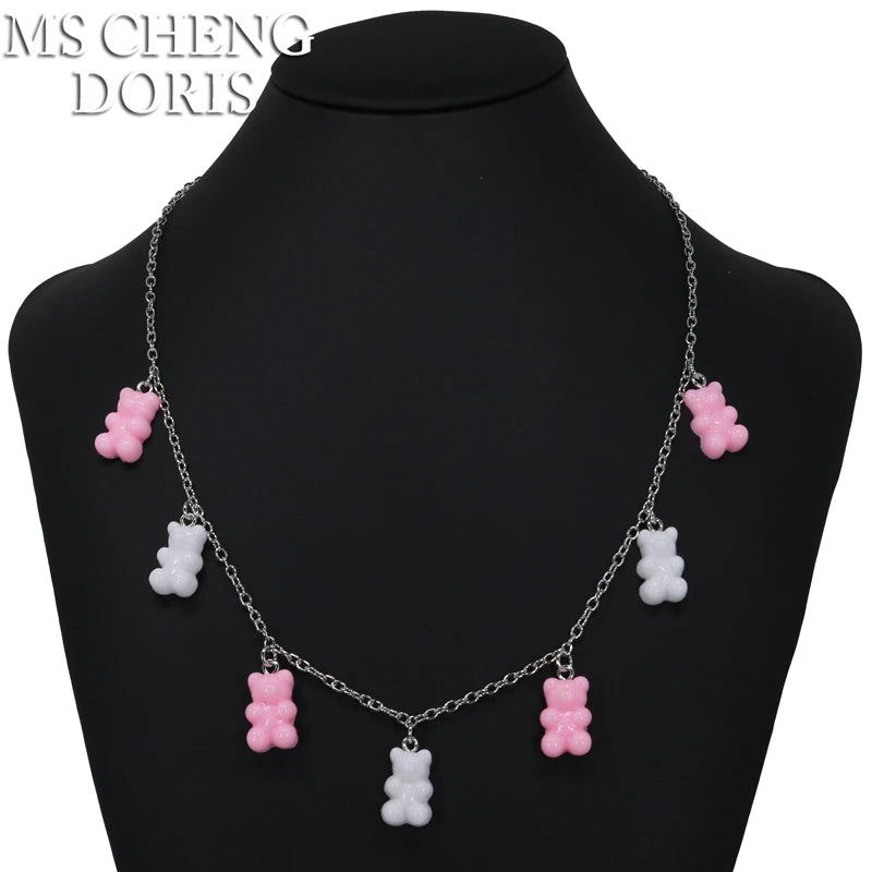 Handmade 33 Styles Colors Cute Resin Gummy Bear Chain Necklaces, Candy Color Pendant alternate view