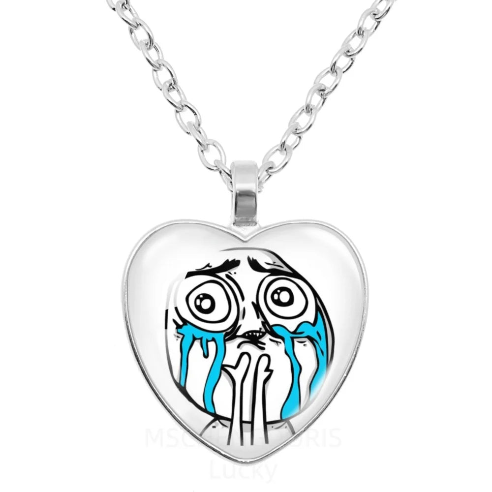 Rage Comic Necklace Derp Face Trollface Funny Meme Cartoon Glass Heart Shape Pendant C close-up view