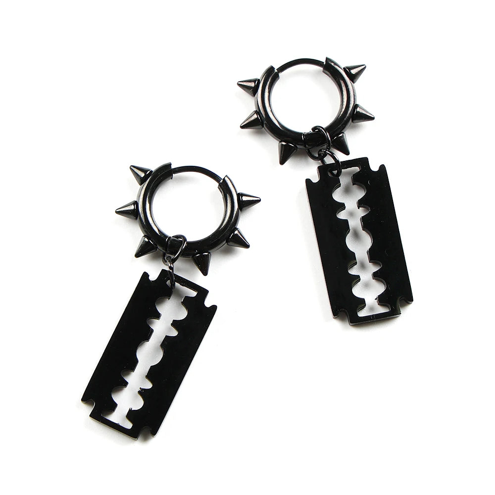 Gothic Punk Spike Rivet Razor Blade Hoop Earrings for Women Men Black Silver Color St alternate view