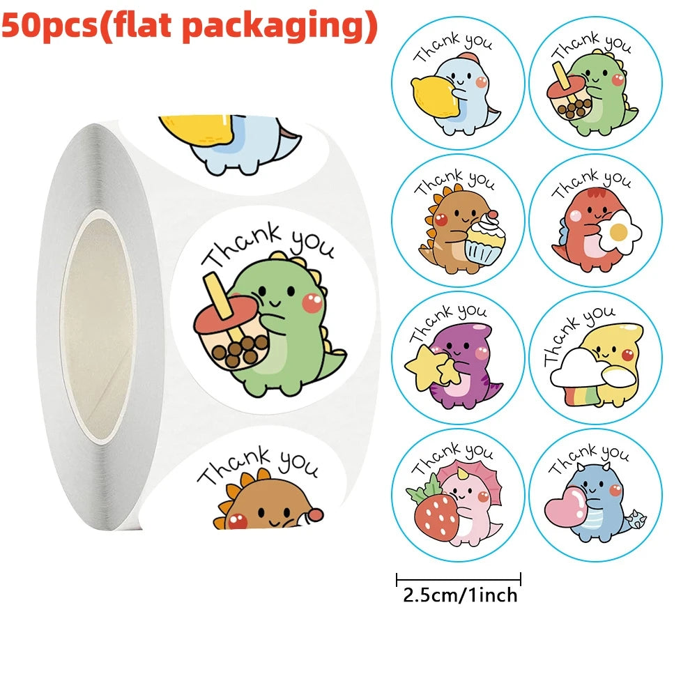 50/100/500pcs Cartoon Dinosaur Thank You Stickers | 1 Inch Round Labels for Packaging alternate view