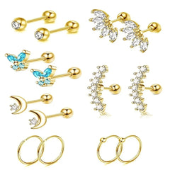 1/7Pairs Stainless Steel Unisex Cartilage Stud Earrings,Inlay Cubic Zirconia Hypoallergenic Piercing