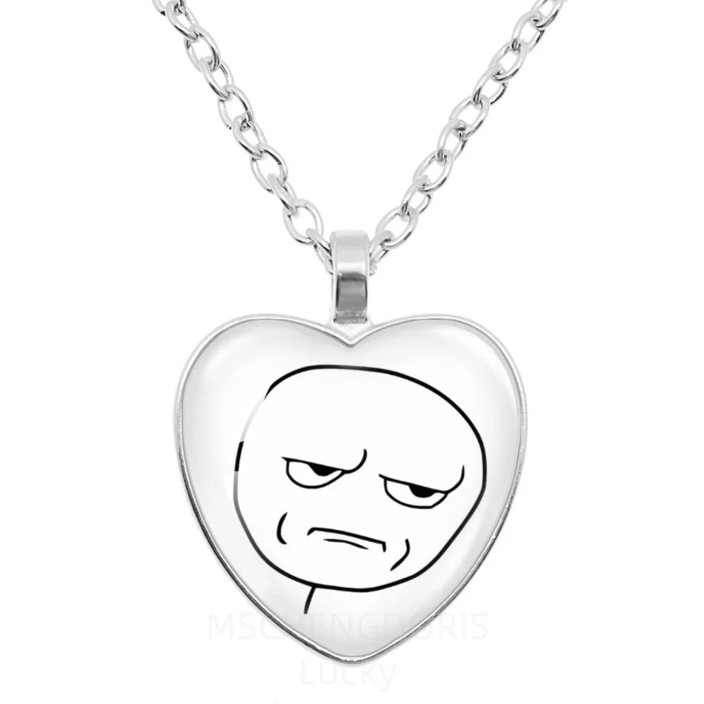 Rage Comic Necklace Derp Face Trollface Funny Meme Cartoon Glass Heart Shape Pendant C close-up view