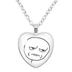 Rage Comic Necklace Derp Face Trollface Funny Meme Cartoon Glass Heart Shape Pendant C close-up view