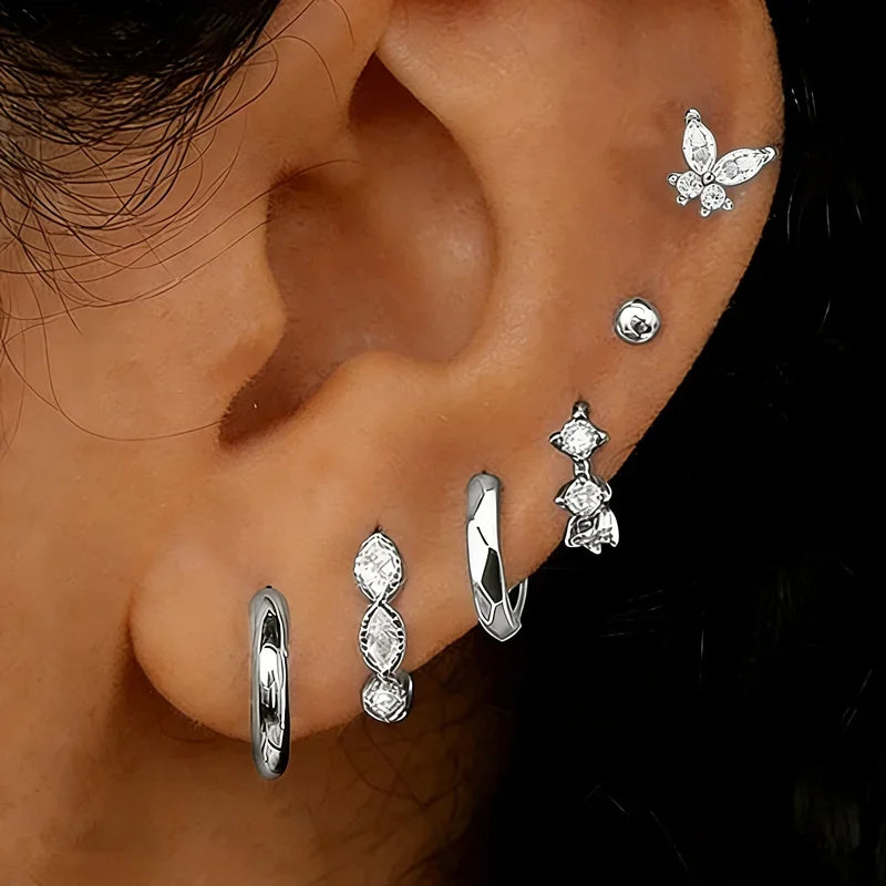 6PCS Shiny Crystal Crown Zircon Flower Stud Earrings Sets For Women Geometry Round Ea alternate view