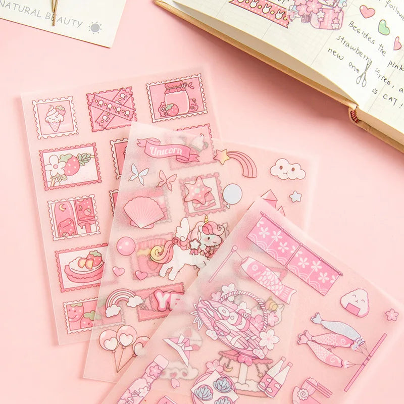 Cute Pink PET Sticker Pack for Scrapbooking and Journaling | 4 Sheets Kawaii Decorati alternate view
