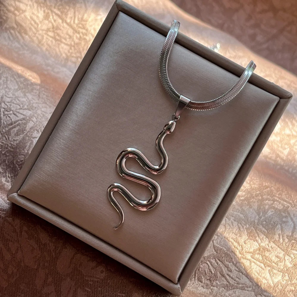 Flat Snake Chain Snake Pendant Necklace | Stainless Steel Choker Jewelry for Women additional angle
