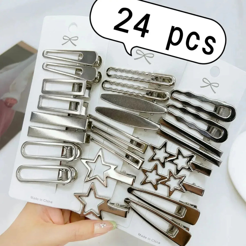 24Pcs/Set Y2K Silver Metal Hair Clips Star Hair Accessories for Women And Girls Multiple Styles Seam