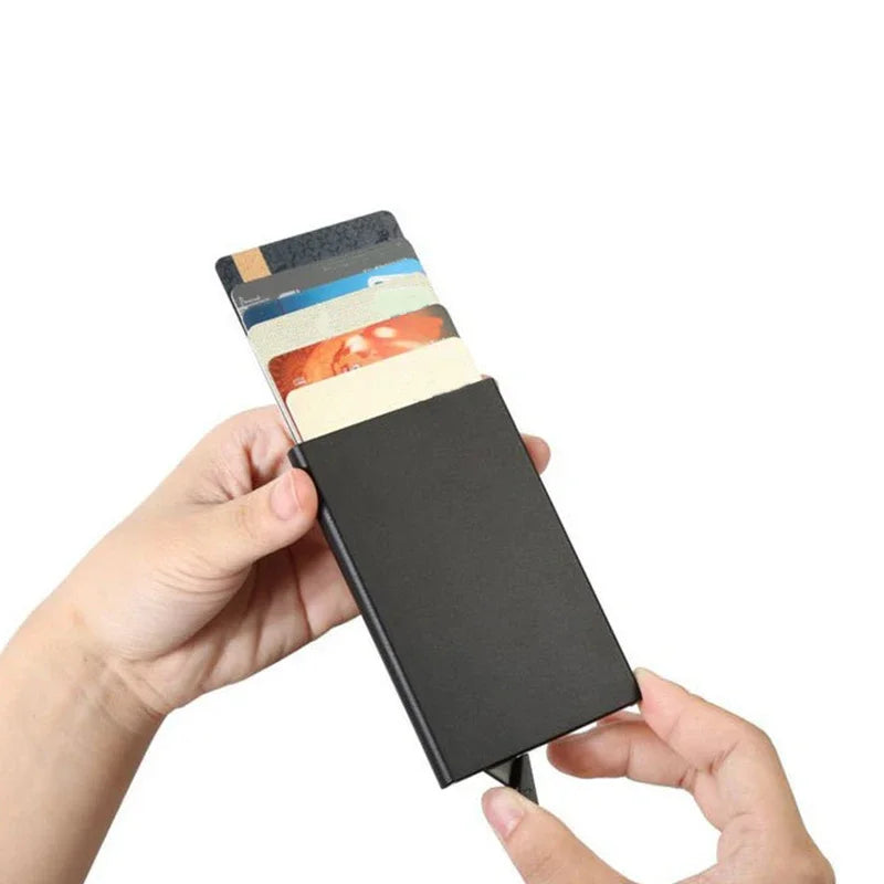 Minimalist RFID Blocking Wallet | Metal Pop Up Card Holder for Men and Women lifestyle view